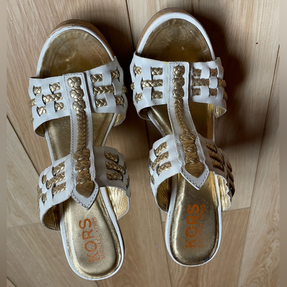Michael Kors White and Gold Braided T-Strap Heeled Slides